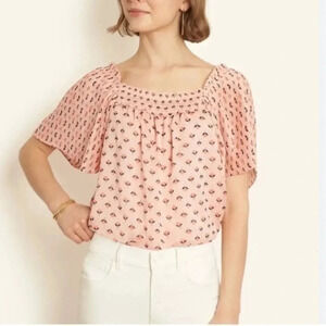 Ann Taylor | Pink Floral Pleated Square Neck Top Blouse Women’s Size Large L